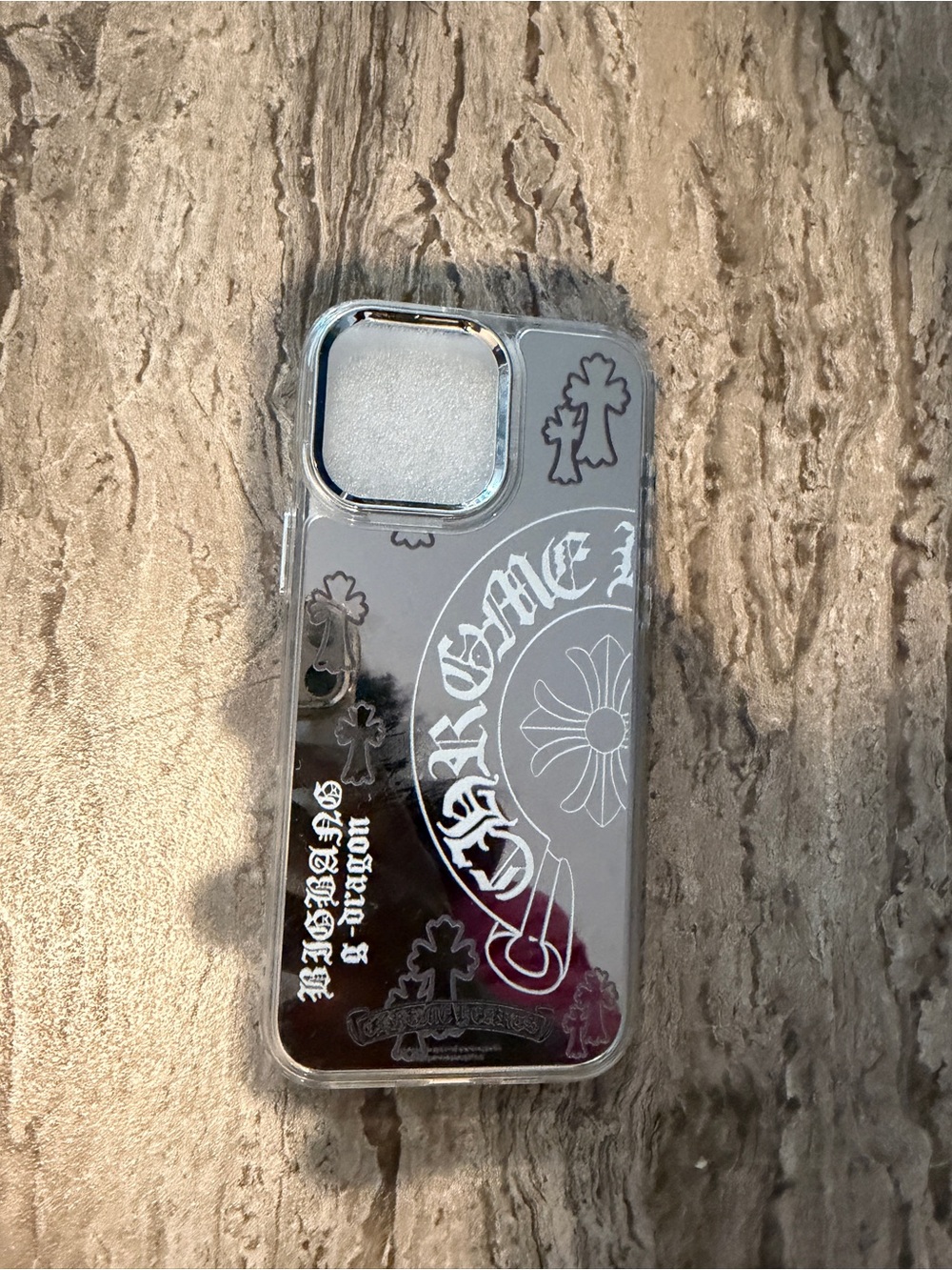 Chrome Hearts Clear Silver Mirror Phone Case with Gothic Cross Motifs